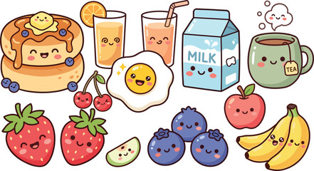 Set of cute kawaii breakfast foods and fresh fruits characters including pancakes juice milk tea fried egg strawberry blueberry and banana on white background © MdRoni