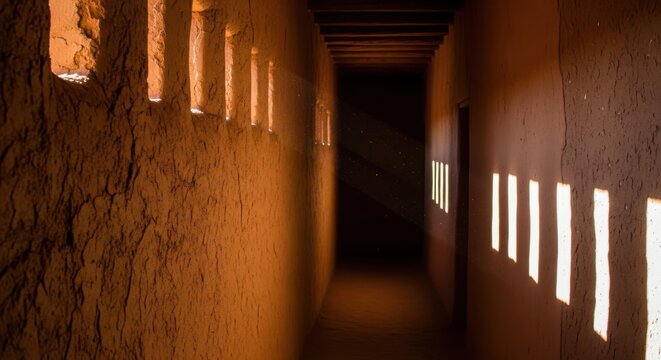 Sunlight shafts illuminate a rough earth-toned adobe pueblo hallway, ancient desert architecture creating a warm, textured passage