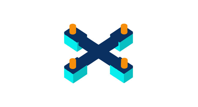 Isometric digital cross connector with colorful blocks illustration.