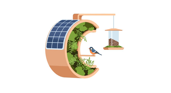 Eco friendly birdhouse with solar panel and greenery design.