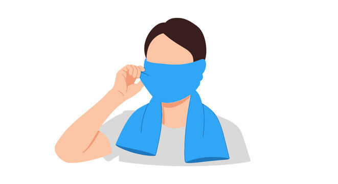 Person wearing blue face mask and towel around neck.