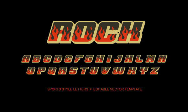 Rock style alphabet set of bold racing letters with flame design and vintage font type - editable vector template 
