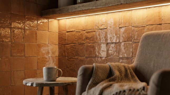 Warm ambient light from a discreet wall fixture illuminates a steaming mug on a table next to a cozy sofa