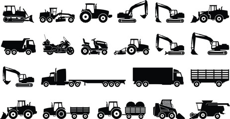 Construction and Agricultural Vehicle Silhouette Collection with Tractor Excavator Truck and Heavy Machinery Vector Icons © Moslema