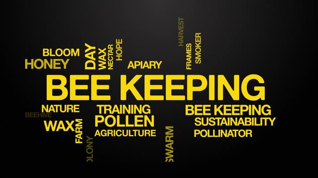 Bee keeping concept Animated Tag Word Cloud kinetic typography, Text Design Animation typography seamless loop video motion graphics Intro Wordart arrangement tagcloud yellow type on black background 
