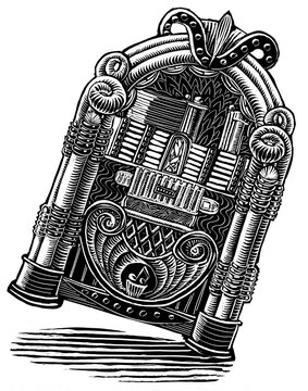 black and white illustration of rocking vintage jukebox, art deco era
