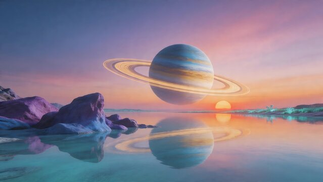 Planet with rings over water at sunset