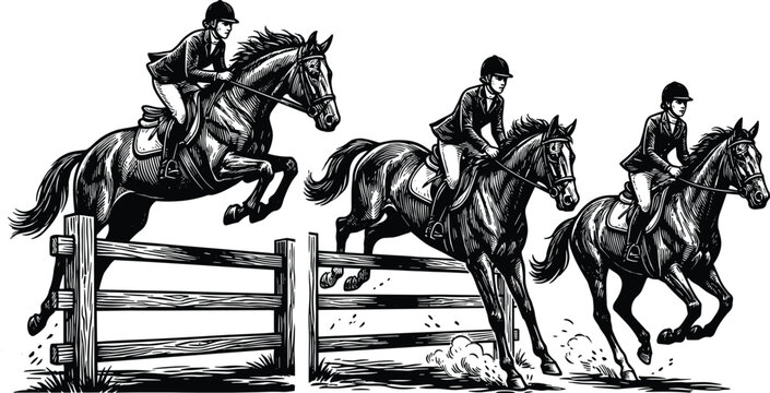 Equestrian Show Jumping Horse Riding Vector Illustration Collection with Competitive Riders and Jumping Fence Action Scenes