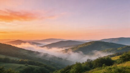 Obraz premium Mountain landscape with fog at sunrise