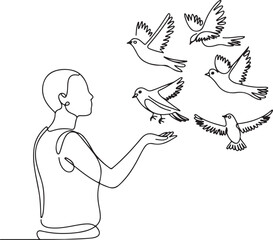 Fototapeta premium A single continuous line drawing depicts a serene woman releasing a flock of birds into the sky symbolizing freedom and Line Art