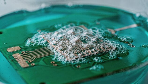 Closeup medium shot showing the bubbling reaction of cupric chloride on copper surface as unwanted copper is chemically removed to define intricate circuit patterns on a green PCB.