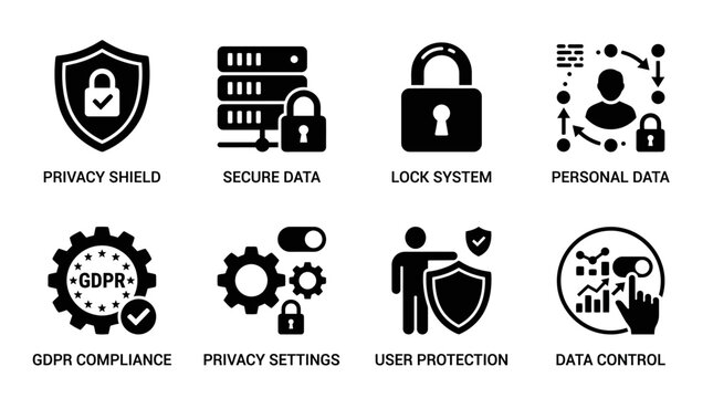 Data privacy protection icons vector set featuring secure lock system, GDPR compliance, user protection, and privacy shield for digital security, personal data management, and information control vect