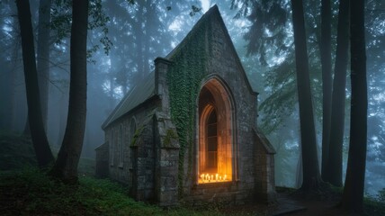 Obraz premium Eerie stone chapel in foggy forest with glowing candles in arched window, mystical atmosphere