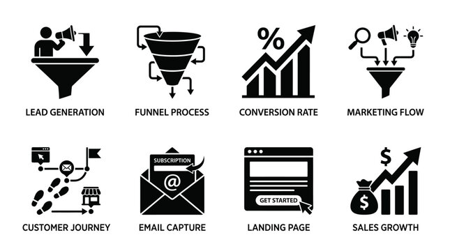 Digital marketing funnel icons vector set featuring lead generation, conversion rate, email capture, and sales growth for customer journey, landing page, and marketing flow vector illustration