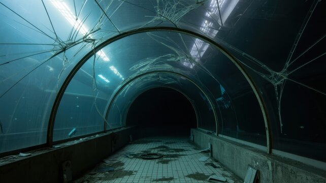 Abandoned, dilapidated glass tunnel walkway with cracked ceiling, debris, and eerie blue lighting, urban decay