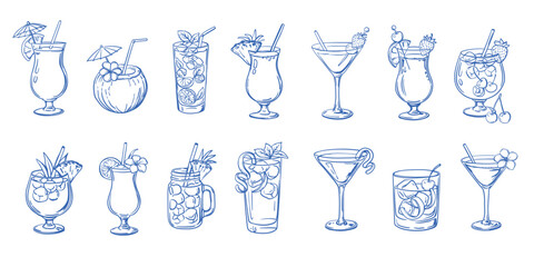 Hand-drawn cocktails set, summer alcoholic drinks and tropical bar menu beverages sketch icons collection. Retro collection of alcoholic cocktails in various glasses decorated with fruits, lime © Yuliia