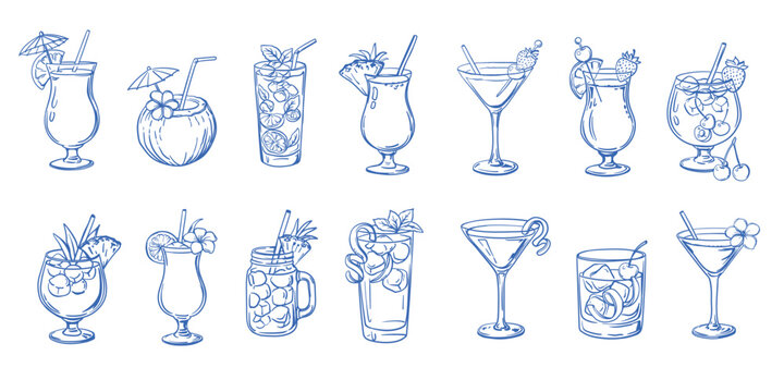 Hand-drawn cocktails set, summer alcoholic drinks and tropical bar menu beverages sketch icons collection. Retro collection of alcoholic cocktails in various glasses decorated with fruits, lime