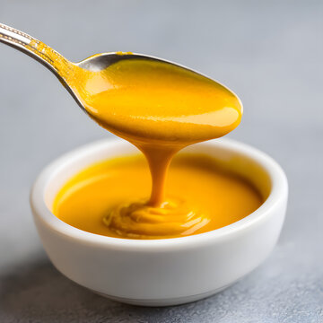 Turmeric dressing emulsifier golden sauce spoon pouring creamy mustard colored condiment, smooth texture, appetizing and glossy