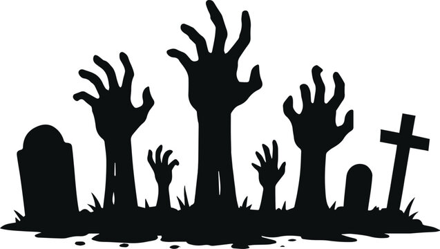 Isolated on Zombie hands. Creepy zombie crooked lambs stick out of graveyard ground silhouette flat vector art on white background