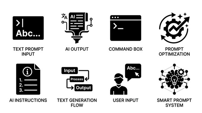 AI prompt engineering icons vector set featuring text generation flow, smart prompt system, user input, and command box for artificial intelligence optimization and automation vector illustration