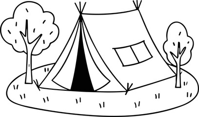 Hand-drawn cartoon camping tent with trees and grass, outdoor adventure scene © kumara