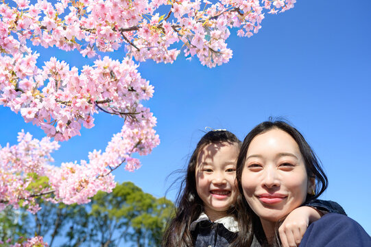 桜の下で笑顔を見せる日本人の母親と娘