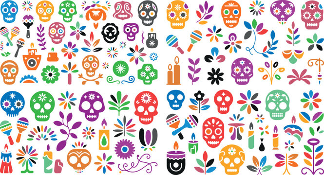 Colorful sugar skulls and flowers pattern for Day of the Dead decoration and design