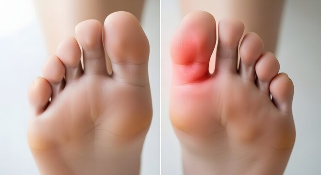 Bottom view of foot with inflamed toe joints. Gout and metabolic health issues. Close up of feet with a red painful area on the base of the big toe joint showing medical inflammation