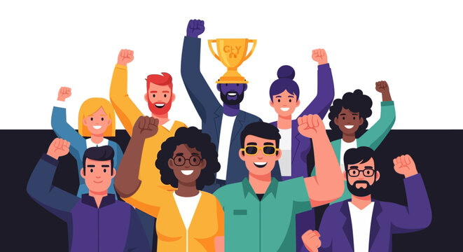 Diverse group of people celebrating success.