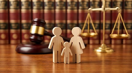 Wooden family figurines standing on table in front of judge gavel and law scales for family law case concept representing custody dispute and legal representation.