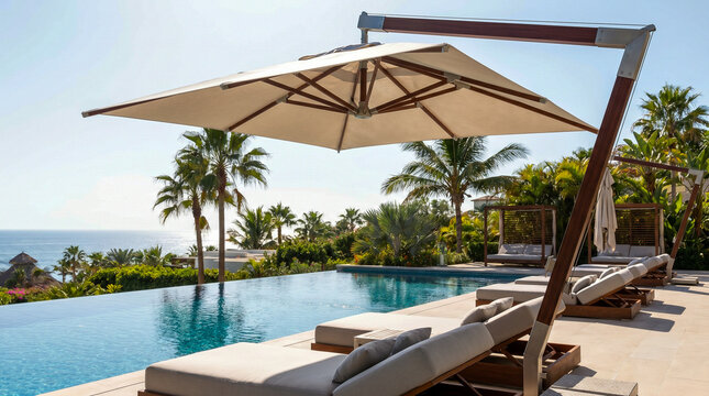 Piscina de lujo en un resort tropical con tumbonas bajo un toldo moderno y palmeras en un d&iacute;a soleado.