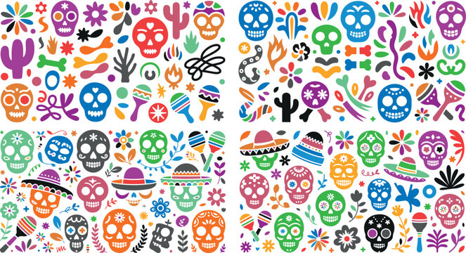 Colorful sugar skulls and mexican icons for day of the dead celebrations