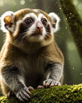 A  pygmy slow loris  ai-generated fictional species on a moss covered branch