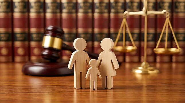 Wooden family figurines standing on table in front of judge gavel and law scales for family law case concept representing custody dispute and legal representation.