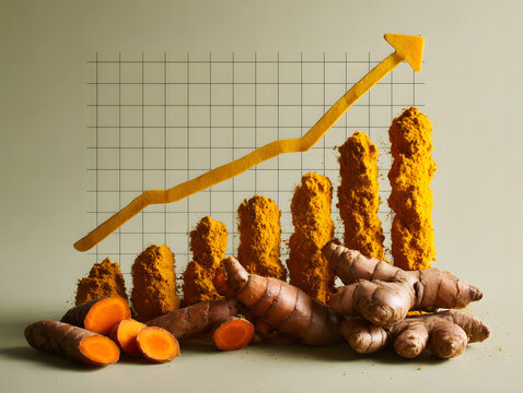 Turmeric root and ground turmeric forming ascending bar chart with arrow indicating rising trend, warm golden color and textured spice inspiring energetic growth and healthy ingredient imagery