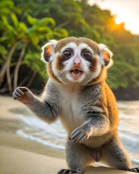 A pygmy slow loris   ai-generated fictional species  in a surf zone
