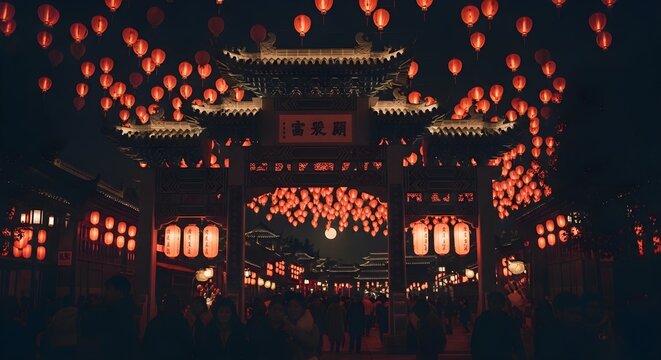 Chinese temple at night with lanterns.