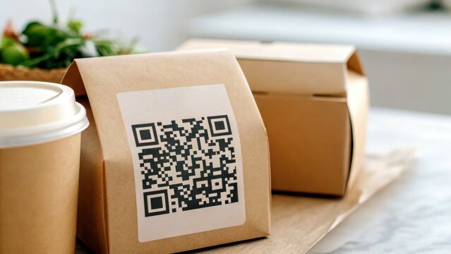 QR code package concept. Eco-friendly takeout containers with QR codes on a table setting.
