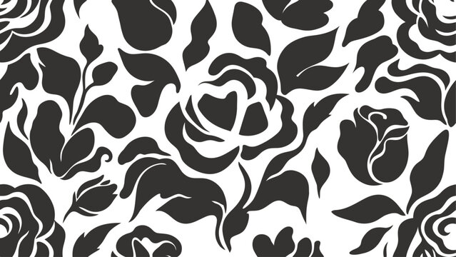 Seamless black and white rose pattern background. Vector floral silhouette repeating texture.