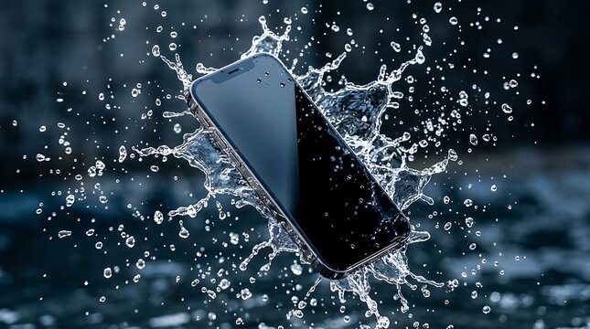Modern Black Smartphone Splashing in Clear Water Against Dark Background