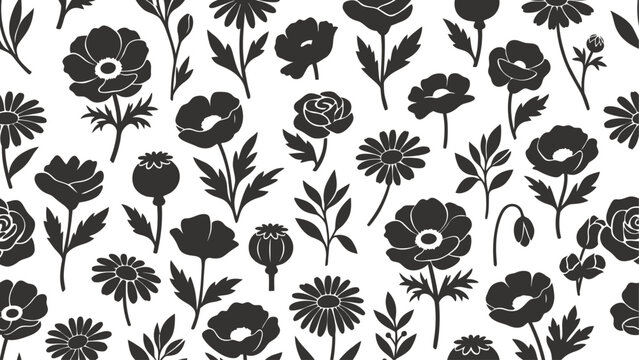 Black and white floral seamless pattern with poppy, daisy, and anemone silhouettes.