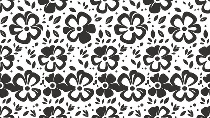 Seamless monochrome floral pattern with hand-drawn black flowers and leaves on a white background. Vector botanical repeat design for fabric, textile, and wallpaper. © Dijee Art