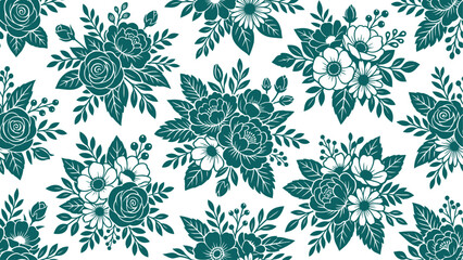 Fototapeta premium Teal Vintage Floral Bouquets Seamless Pattern