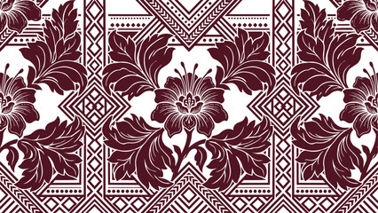Seamless floral geometric vector pattern in maroon and white. Classic damask ornament background for textile and wallpaper design. © Dijee Art