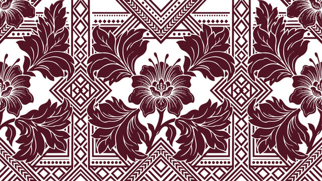 Seamless floral geometric vector pattern in maroon and white. Classic damask ornament background for textile and wallpaper design.