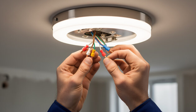 Close up of an electrician male hands connecting colorful electrical wires to a modern round white led ceiling lamp fixture during house renovation process