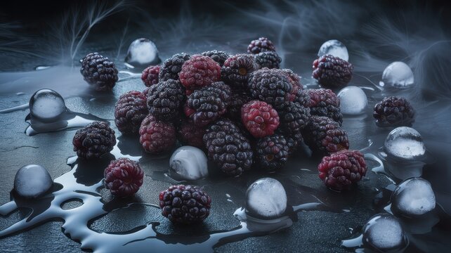 Macro close-up of fresh raspberries and blackberries scattered with melting ice cubes on a dark, textured surface