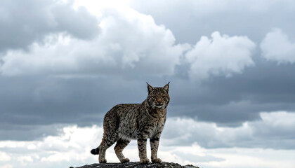 Obraz premium Majestic Wild Bobcat Standing Proudly on Rocky Outcrop Against Dramatic Cloudy Sky Wildlife Portrait