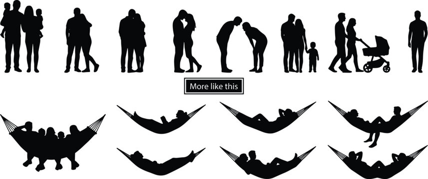Family and Relaxation Silhouette Collection with Couples Parents Hammock Leisure and Lifestyle Vector Illustrations