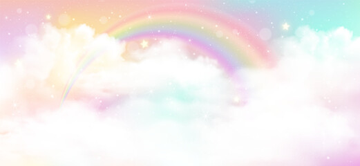 Holographic rainbow unicorn background and cute candy wallpaper with glitter light, sky cloud, bokeh and sparkling star. Fairy tale watercolor backdrop. Birthday party, Kawaii or magic mermaid banner. © Impixdesign